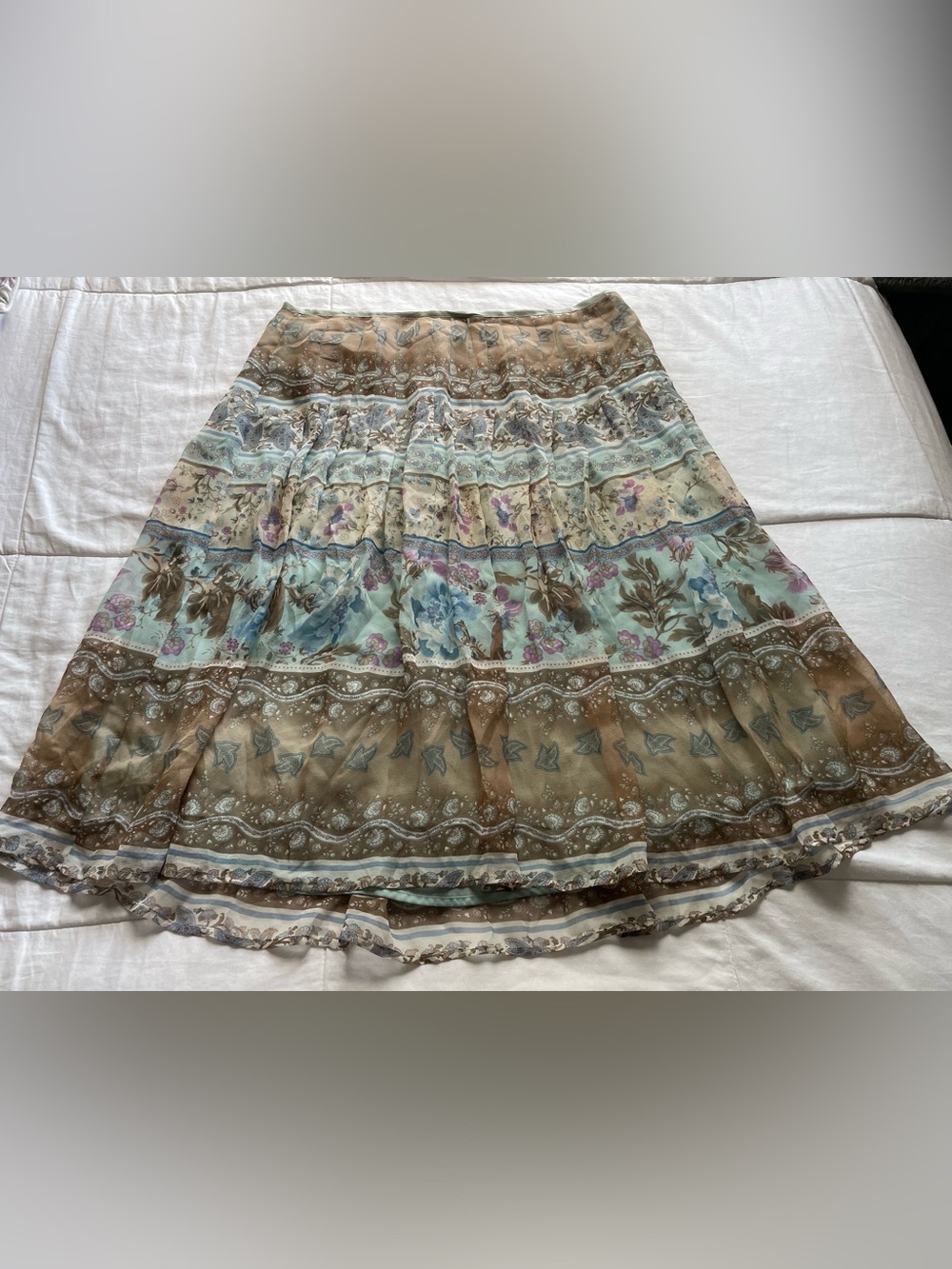 Vintage Y2K Silk Pastel Floral Tiered Pleated‎ Midi Skirt 12 Coquette Fairycore